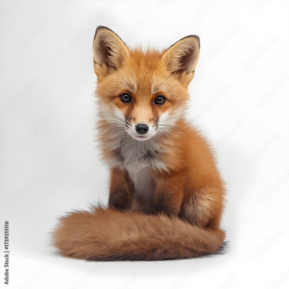 Obraz premium Red fox cub sitting with fluffy tail wrapped around, 