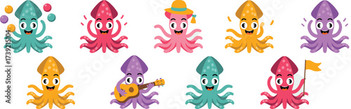 Cheerful Cartoon Squids Having Fun in a Playful Underwater Scene, Showcasing Creativity, Imagination, and Joyful Marine Life Characters for Children's Education, Entertainment, and Whimsical Design Pr