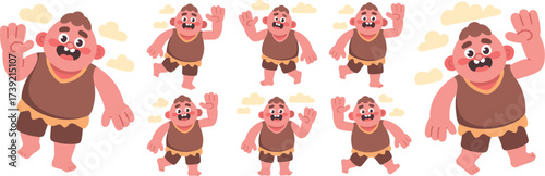 Friendly Cartoon Caveman Waving Hello in Prehistoric Setting, Fun Character Illustration for Children's Education, Animated Graphic Mascot for Marketing, Smiling Character in Brown Tunic, Childhood Ad