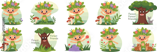 Whimsical Forest Sprite Adventures in Lush Green Woods: A Children's Illustration Collection Featuring Playful Leaf-Crowned Characters, Talking Trees, and Cute Animals, Ideal for Storybooks, Education