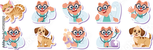 Veterinarian Cat Doctor Examining Kitten and Puppy Patients in a Friendly Animal Hospital Setting Offering Pet Healthcare, Veterinary Service, and Medical Assistance in a Colorful Cartoon Illustration