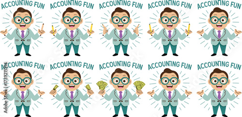 Enthusiastic Accountant Celebrates Accounting Fun with Pencil and Money in Bright Office Setting, Cartoon Illustration for Financial Success, Business Growth, Investment, Modern Accounting Practices,