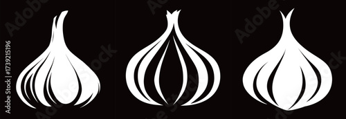 Three stylized garlic bulbs are displayed in white against a black background. Each bulb has a unique design, showcasing varying shapes and details.