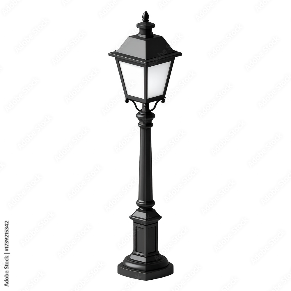 Naklejka premium Ornate, black street lamp with illuminated, glowing white panes, designed with intricate architectural details, standing against a solid black background, evoking a sense of timelessness, elegance,...