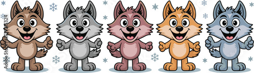 Cartoon Wolves Characters Standing Giving Thumbs Up in Snowy Winter Scene, Cheerful Smiling Animals Illustration for Children's Education, Mascot Design, Graphic Resource, Cute Friendly Creature, Anim