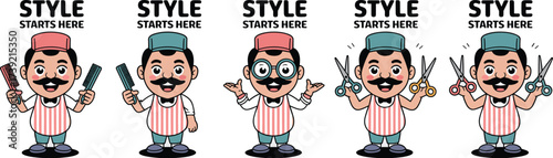 Cartoon Barber Characters Styling with Combs and Scissors: Retro Style Hairdresser Illustration for Barber Shop, Fashion, and Grooming Business Promoting Trendy Haircuts, Hairstyles, Beauty, and Moder
