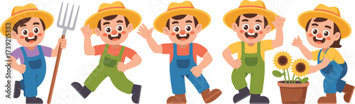 Cheerful Cartoon Farmers with Happy Expressions Planting Sunflowers in a Garden Setting, Illustrating Agriculture, Gardening, Harvesting, Educational Materials, Children's Books, Whimsical Art, Rural