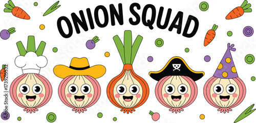 Cheerful Onion Squad Cartoon Illustration: Whimsical Vegetable Characters Ready for a Party, Cooking, Adventure, or Wild West Fun in Food and Beverage Marketing, Child Education, Colorful Graphics, an