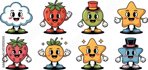 Retro Cartoon Mascot Characters Collection Posing on White Background: Vintage Style Cloud, Strawberry, Fruit, and Star Icons for Creative Designs, Animation, Marketing, Children's Education,  and Nos