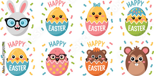 Adorable Easter Animal Egg Character Set: Celebrating Springtime Joy with Cartoon Bunny, Chicks, Bear, and Mouse in Cracked Eggs Illustration for Holiday Greetings, Graphic Designs, Kids, Parties, and