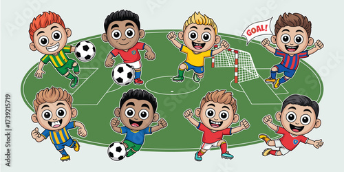 Enthusiastic Cartoon Soccer Players Celebrating a Goal on a Vibrant Green Field with a Net, Illustrating Sportsmanship, Competition, and Joy for Youth Activities, School Projects, Animated Marketing M