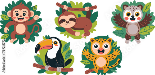 Cartoon Jungle Animals Party: Cheerful Monkey, Playful Sloth, Toucan, Leopard Cub, and Owl in Lush Green Foliage for Children's Educational Material, Vector Illustration, Tropical Rainforest Theme, Pl