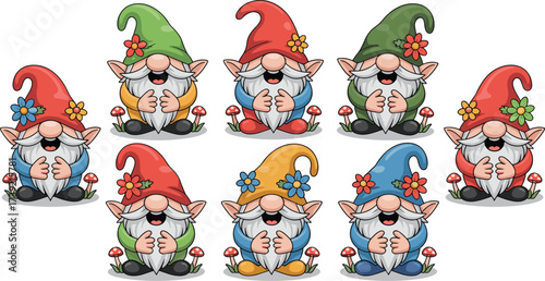 Cheerful Garden Gnomes Sitting with Colorful Hats and Flowers Illustration: Fantasy Creatures Enjoying Nature in a Whimsical Scene for Children's Book, Holiday Decoration, Sticker Design, Party Invita