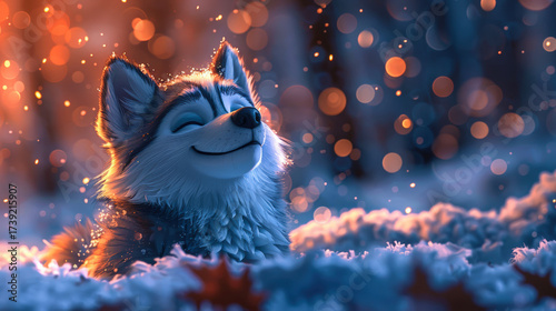 Joy dog on background of snow-covered fairy tale winter forest. There is fluffy snow all around. Atmosphere of winter holidays magic. Christmas greeting card. Copy space.