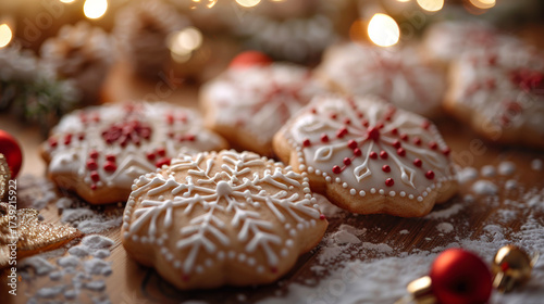 Handmade Christmas cookies, gingerbread cookies on  blurred background of festively decorated Christmas tree lights. Close-up.