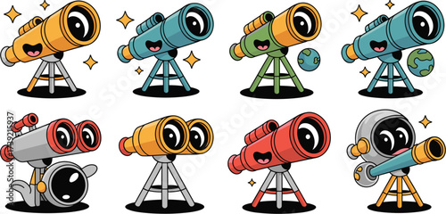 Cartoon Telescopes Observing Space Exploration from Earth, Colorful Astronomy Tools with Starry Sky and Planets - Science Education, Cosmic Discovery, Kids Learning, Fun Vector Graphic Illustration fo