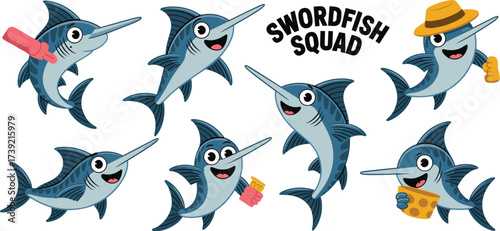 Joyful Swordfish Squad Cartoon Characters Having Fun Adventures in the Ocean, Celebrating with Food & Accessories, Illustration for Children's Education, Marine Life, Playful Aquatic Wildlife & Fun De