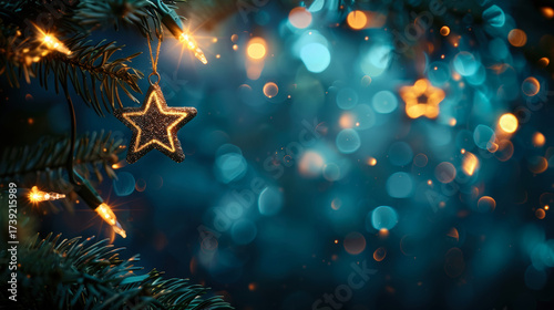 Christmas lights. Golden stars string hanging at fir branches in navy defocused background. Holiday card. Copy space for text.