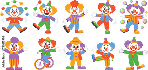 Playful Clowns Performing Circus Acts, Cartoon Characters in Vibrant Costumes and Makeup, Entertaining Children's Parties, Festivals, Fairs, Promoting Joy, Humor, Merriment, Colorful Graphic Design El