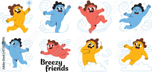 Playful Wind Friends Adventures: Cartoon Characters Dancing in Breezy Weather, Cute Monsters in Motion, Illustration for Children's Story, Graphic Design Elements,  Cheerful Flying Figures, Whimsical