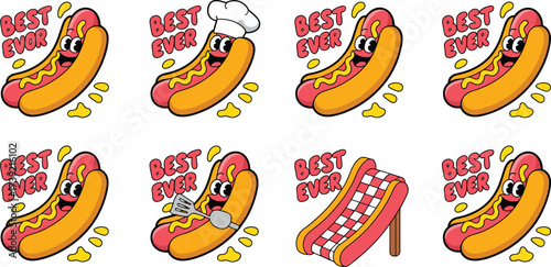 Playful Cartoon Hot Dog Characters Enjoying Summer Fun, Promoting Best Ever Food & Amusement at a Retro Style Picnic, Ideal for Family Event Advertising, Animated Mascot for Food Industry, Graphic Des
