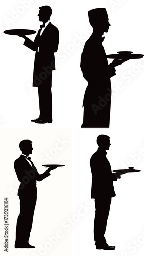 Four silhouettes of waitstaff stand with trays, showcasing different roles in a restaurant. The setting suggests an upscale dining experience, likely during dinner.