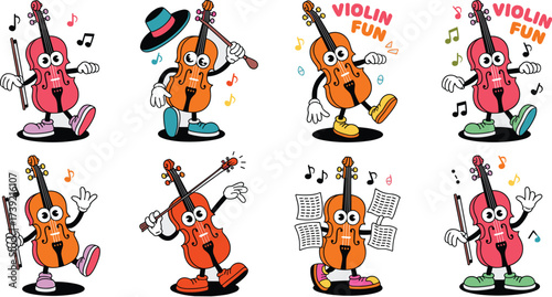 Cheerful Violin Character Performing Musical Antics on White Background: Whimsical Cartoon Violins Playing, Dancing, and Holding Sheet Music for Children's Education, Music School Marketing, and Class