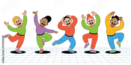 Joyful Children Dancing Together on a Grid Floor, Expressing Happiness and Celebration in Playful Retro Style, Ideal for Educational Materials, Youth Programs, Promoting Childhood Fun, Energetic Prese