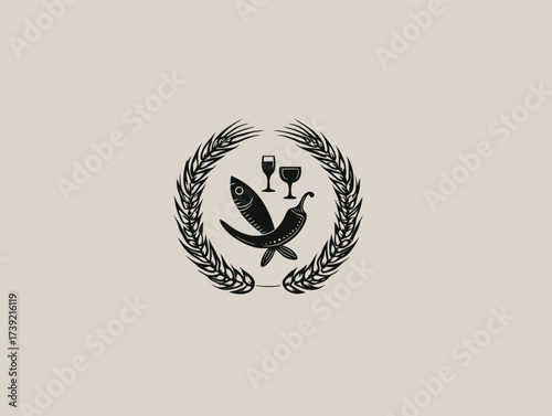 This logo displays a fish and chili pepper crossed with wine glasses in the center, surrounded by a wheat wreath. It represents a vibrant culinary theme.