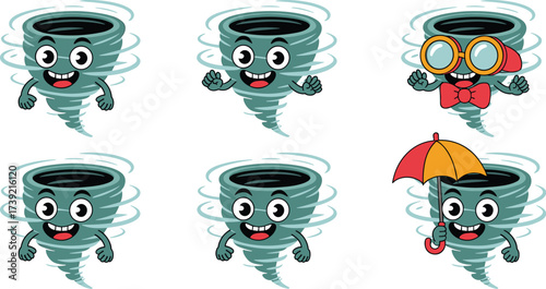 Cartoon Tornado Characters with Accessories:  A Whimsical Weather Concept for Education, Children's Illustration, Meteorology Design, Natural Disaster Awareness, Animation, Climate Study, Smiling Cycl