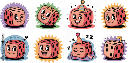 Playful Dice Characters Expressing Emotions, Wearing Party Hats, and Sleeping in a Whimsical Cartoon Style with Vibrant Colors, Perfect for Gaming, Gambling, Luck, and Entertainment Concepts in Childr