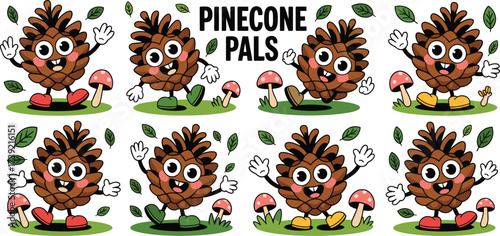 Cheerful Pinecone Characters Dancing in Autumn Forest with Happy Faces, Fungus, and Green Leaves - Whimsical Illustration for Children's Book, Educational Material, Fall Season Marketing, Nature-Theme