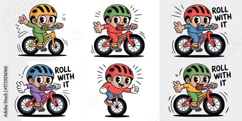 Cartoon Cyclist Kids Rolling with Fun! Retro Style Illustration of Children Riding Bikes & Unicycle on a Sunny Day – Graphic Design for Sport, Healthcare, Education, and Wellbeing Content, Mascot Char