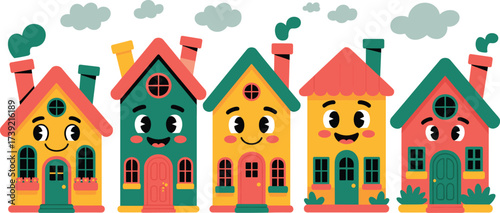 Whimsical Cartoon Houses Smiling in a Neighborhood Landscape with Clouds, Ideal for Children's Education and Storybooks, Promoting Happiness and Community Spirit in a Cute Vector Illustration Design f