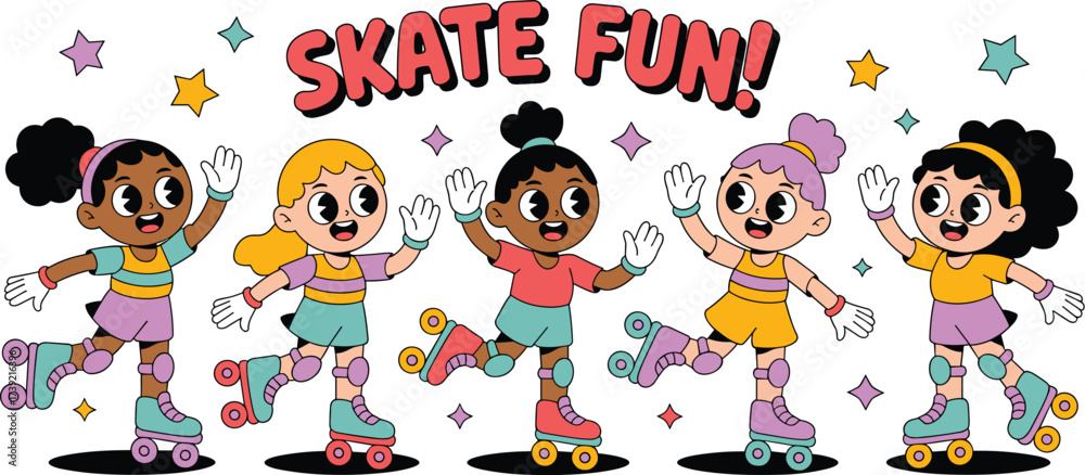 Obraz premium Happy Kids Roller Skating Together: Retro Style Active Fun with Diverse Cartoon Girls Enjoying Recreational Activity, Promoting Childhood Friendship, Illustration for Educational Materials, Website Gr