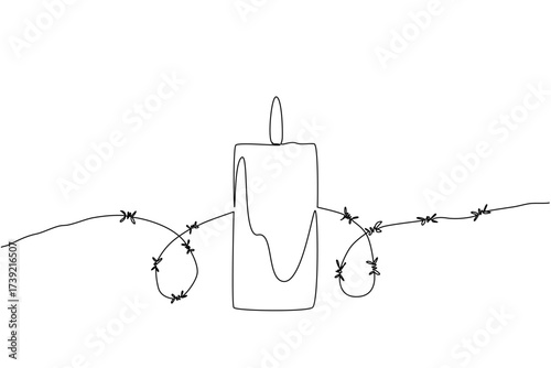 Single continuous line drawing a burning candle behind which is a roll of barbed wire. An organization cares deeply about human rights. Amnesty International Day. One line design vector illustration