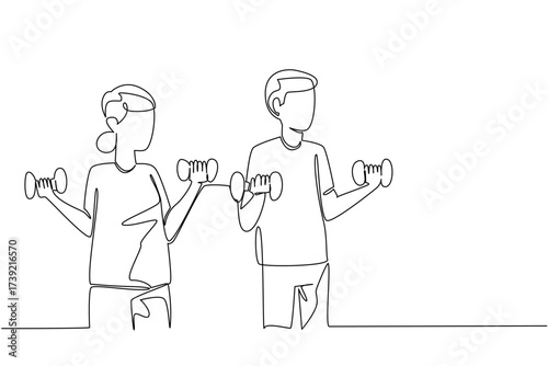 Single one line drawing pair of grandparents stands lifts barbell with both hands. Light barbell release stiffness. National Senior Health and Fitness Day. Continuous line design graphic illustration