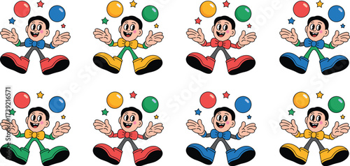 Retro Cartoon Juggler Character Balancing Colorful Balls and Stars on a Neutral Background, Nostalgic Design for Children's Illustration and Playful Mascot Branding, Creative Content, Fun Education, W