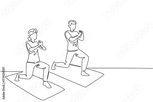 Single continuous line drawing a pair of grandparents are doing fitness on fitness mate. The excitement of sports together. National Senior Health and Fitness Day. One line design vector illustration