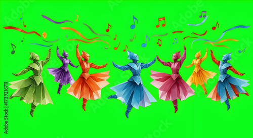 Cartoon Dancers in Colorful Costumes with Music Notes