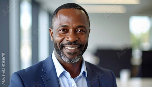 Smiling 40 years old Black middle aged businessman in office.