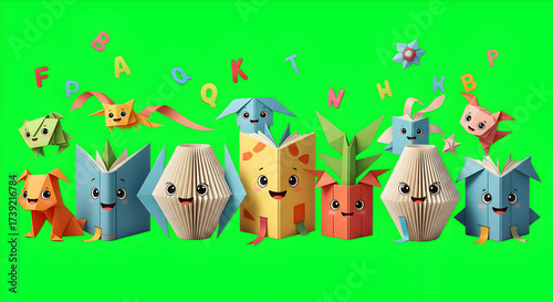 Origami Animals with Scattered Letters on Green Background