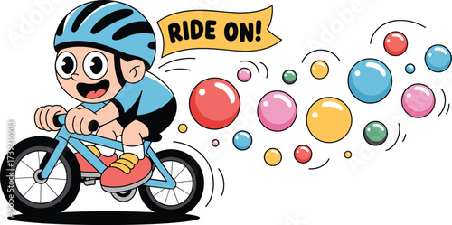 Cheerful Boy Riding Bicycle Cartoon Illustration with Colorful Bubbles Background, Promoting Active Lifestyle and Childlike Joy, Perfect for Educational Materials, Healthcare, and Family Wellness Camp