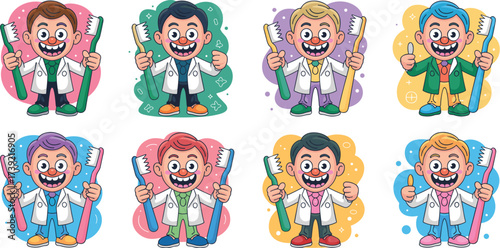 Cheerful Cartoon Dentist Characters Holding Toothbrushes Promoting Dental Health in a Bright, Whimsical Style for Children's Healthcare Education & Pediatric Dentistry Marketing, with Colorful Backgro