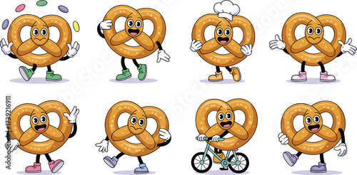 Playful Pretzel Character Collection: A Whimsical Cartoon Bakery Ensemble Demonstrating Festive Actions for Food Marketing & Children's Education on Healthy Snacking, Featuring a Funny, Joyful, and De