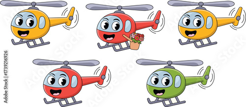 Cartoon Helicopters Flying in Formation, Delivering Flowers for a Happy Celebration, Transportation Illustration for Children's Education, Playful Design Elements for Learning Materials, Colorful Vehi