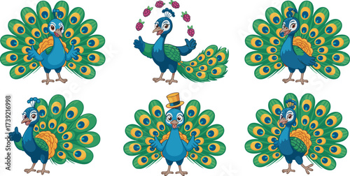 Cartoon Peacocks Displaying Plumage with Playful Poses on White Backdrop: Animated Bird Character Set for Children's Illustration, Educational Material, and Graphic Design Projects with Vibrant Colors
