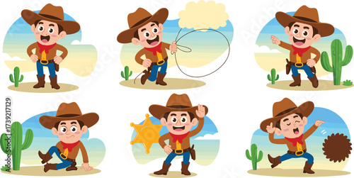 Cartoon Cowboy Character Set Illustrations: Energetic Young Boy in Traditional Western Outfits Posing with Lasso, Sheriff Badge & Cactus in Desert Scenery, Perfect for Children's Books, Education, Pla