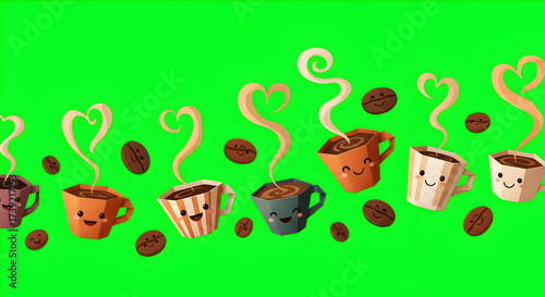 Steaming Coffee Cups with Beans on Green Background