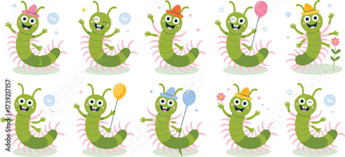 Cheerful Green Centipede Cartoon Characters Celebrating with Hats and Balloons, Waving Arms on White Background, Cute Mascot for Children's Book, Illustration, or Educational Material, Joyful Insect D